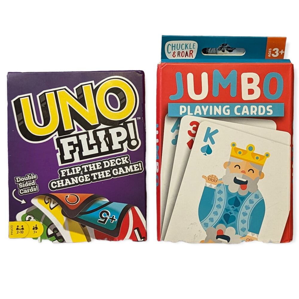 NWT Mattel UNO FLIP! & Chuckle & Roar Jumbo Playing Card Games Bundle